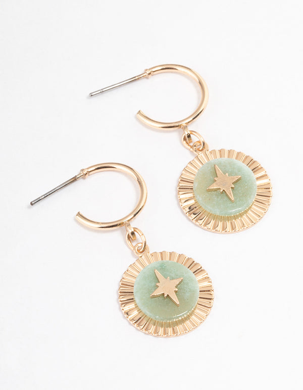 Gold Green Aventurine Star Disc Hoop Earrings