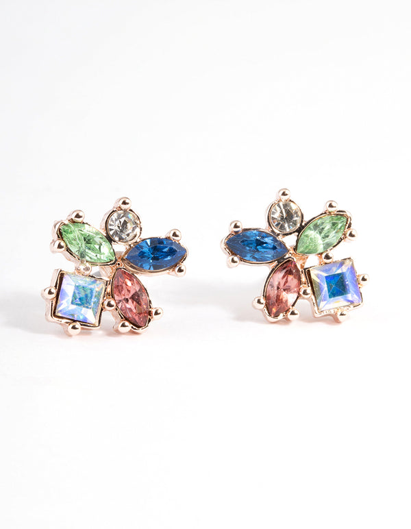 Rose Gold Multi Stone Cluster Stud Earrings