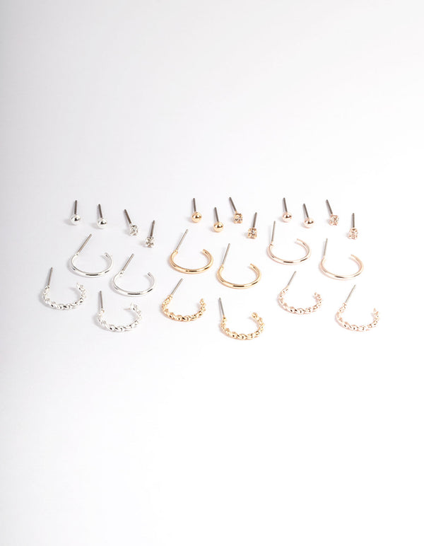 Mixed Metal Plain & Dimanate Stud & Hoop Earring 12-Pack