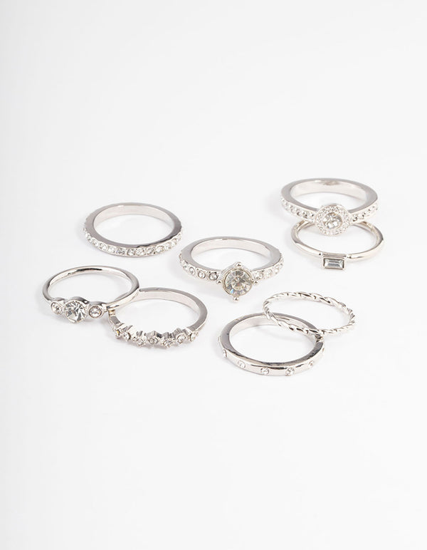 Silver Halo Diamante Rings 8-Pack