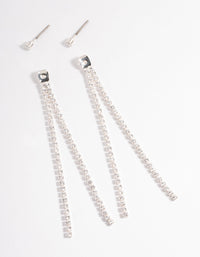 Silver Cubic Zirconia Cup Chain Back & Front Sandwich Earrings - link has visual effect only