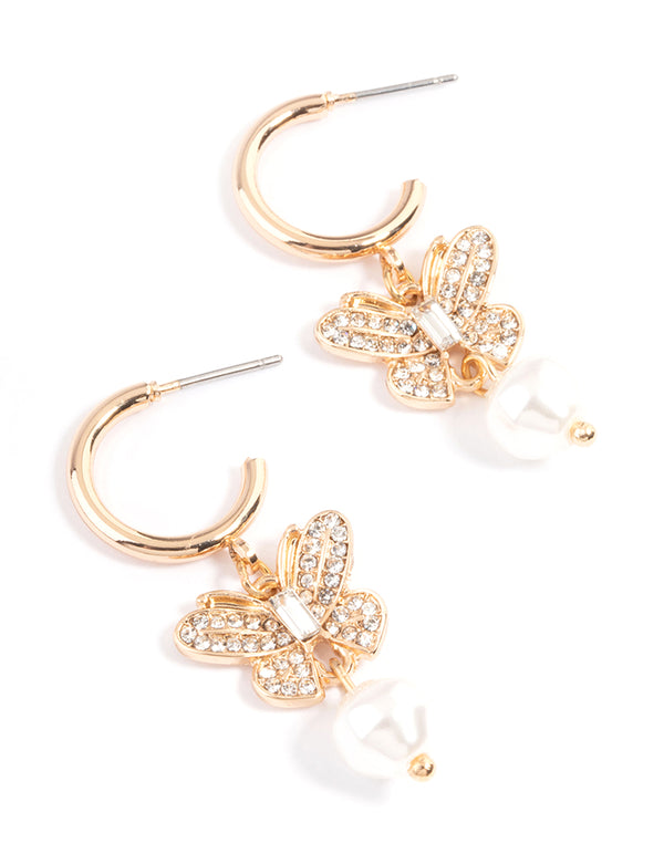 Gold Diamante Butterfly Pearl Earrings