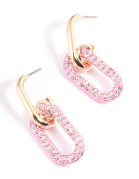 Gold Pink Link Drop Hoop Earrings - link has visual effect only