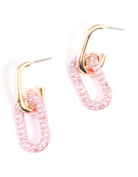 Gold Pink Link Drop Hoop Earrings - link has visual effect only