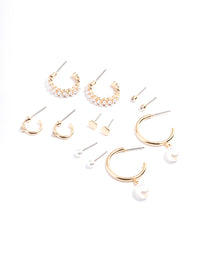 Gold Pearl Diamante Hoop & Stud Earring 6-Pack - link has visual effect only