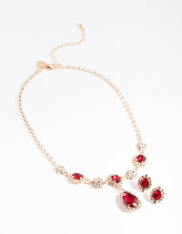 Gold Diamond Simulant Ruby Oval Flower Earring & Necklace Set - link has visual effect only