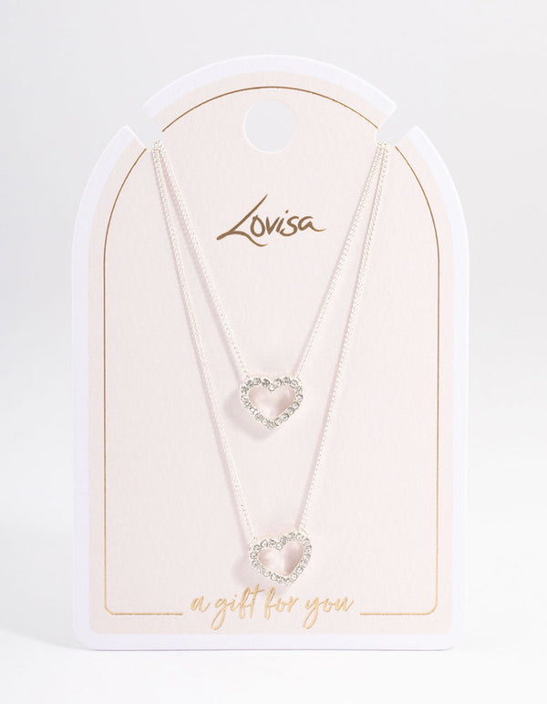 Silver Double Diamante Open Heart Necklace