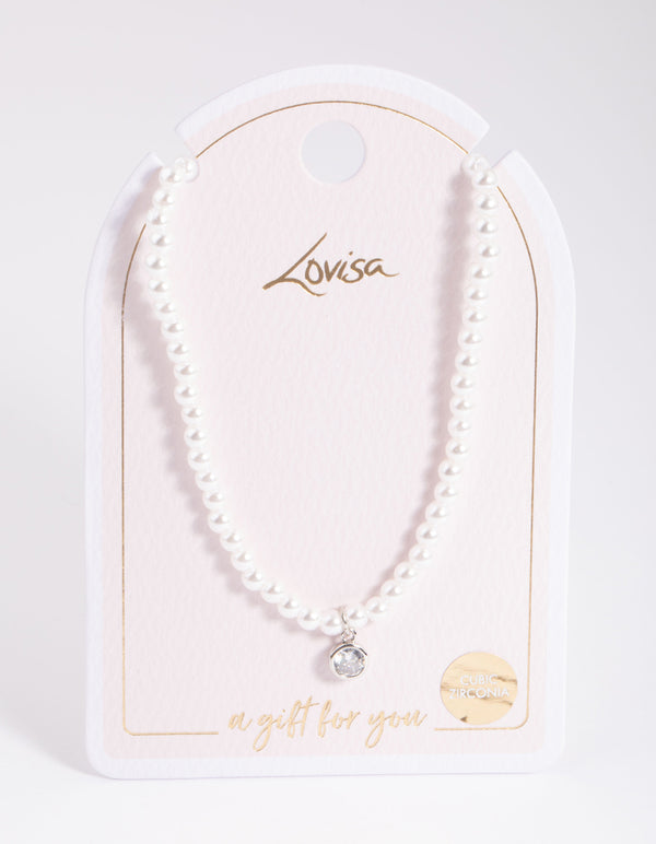 Rhodium Classic Pearl & Diamante Necklace