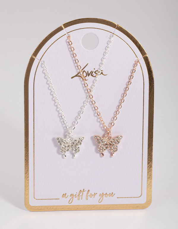 Mixed Metal Diamante Butterfly Necklace Pack