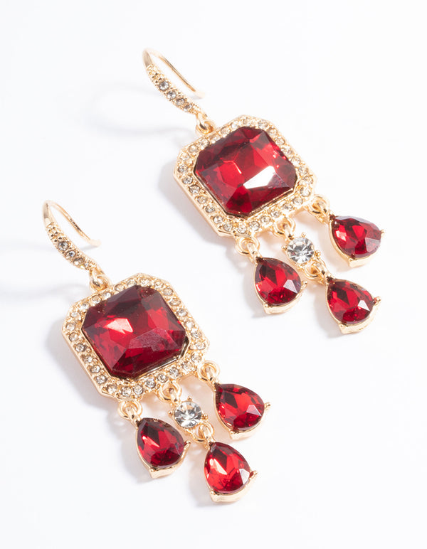 Red Diamante Square Teardrop Huggie Earrings