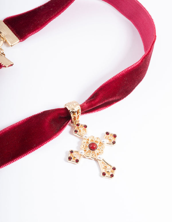 Red Pearl Cross Choker