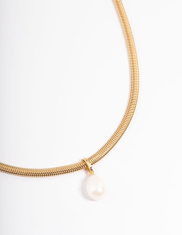 Gold Plated Snake Chain Freshwater Pearl Drop Necklace