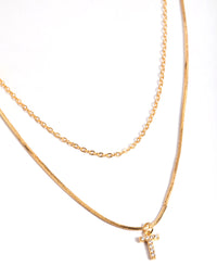 Letter T Gold Plated Layered Diamante Initial Necklace - link has visual effect only