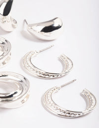 Rhodium Mixed Textured Thick Earrings Pack - link has visual effect only