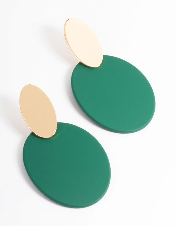 Gold Oval Teal Disc Drop Earrings