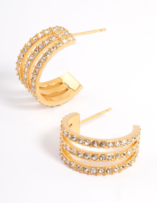 Gold Plated Stainless Steel Diamante Three Hoop Earrings