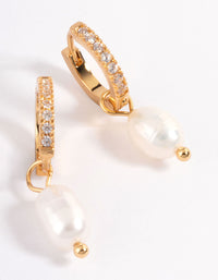 Gold Plated Stainless Steel Diamante Freshwater Pearl Drop Huggie Earrings - link has visual effect only