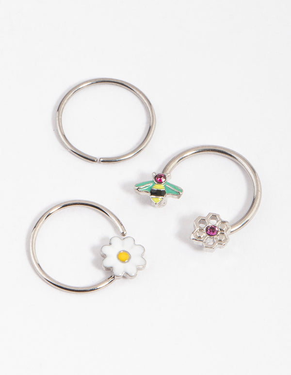 Surgical Steel Flower & Bee Horseshoe Earring Pack