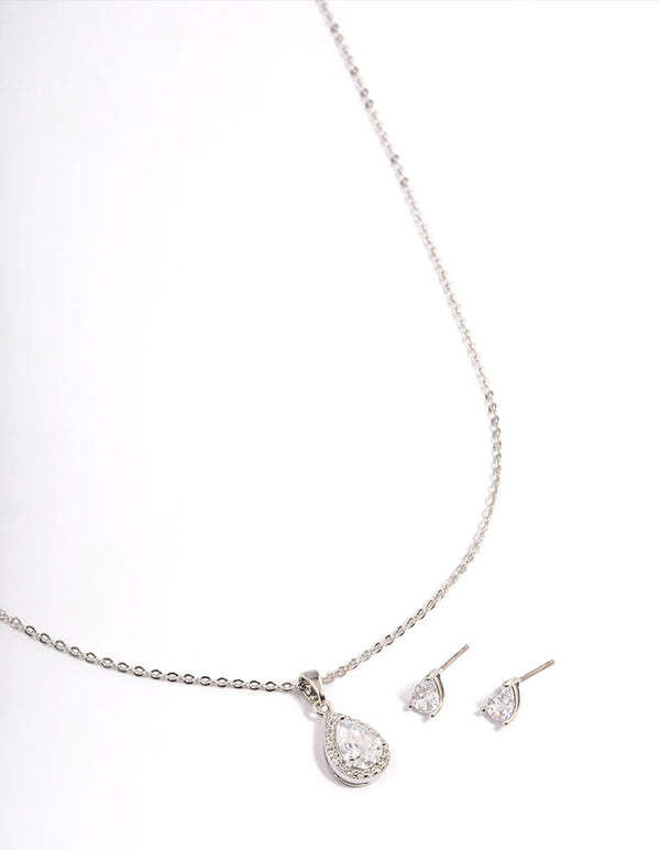 Silver Cubic Zirconia Pear Halo Earrings & Necklace Set