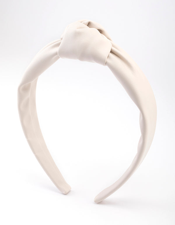 Cream Fabric Faux Leather Large Knot Headband