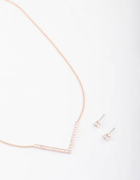 Rose Gold Cubic Zirconia V Necklace & Stud Earrings Set - link has visual effect only