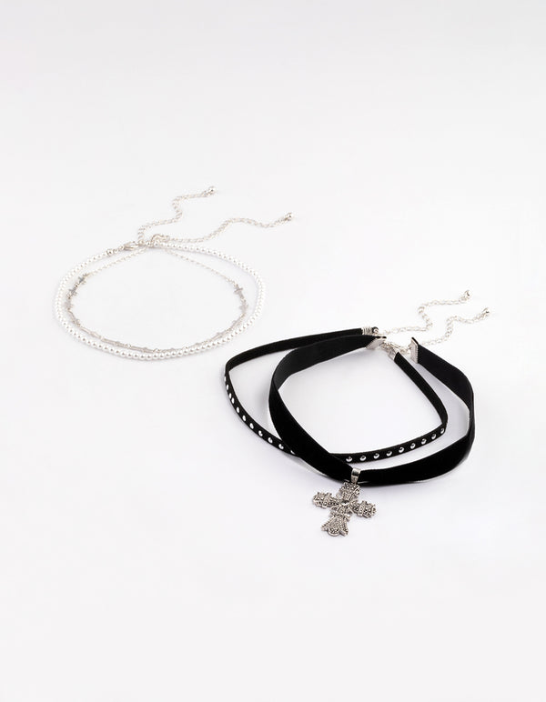 Rhodium Multi Cross Pearl Choker Pack