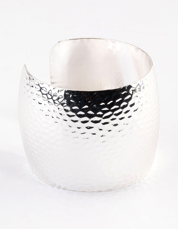 Rhodium Hammered Textured Wide Cuff Bangle