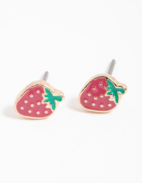 Gold Enamel Strawberry Stud Earrings