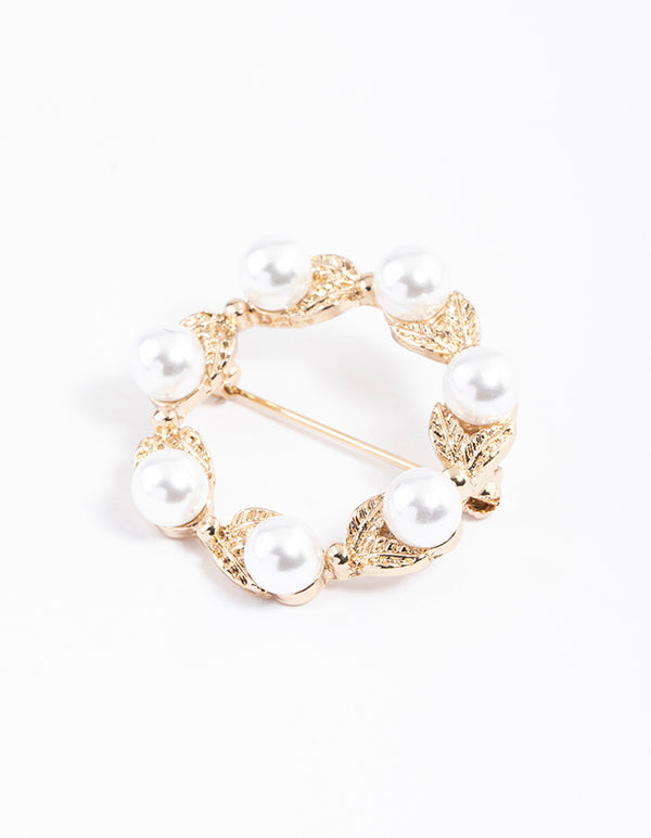 Gold Twist Wreath Pearl Brooch