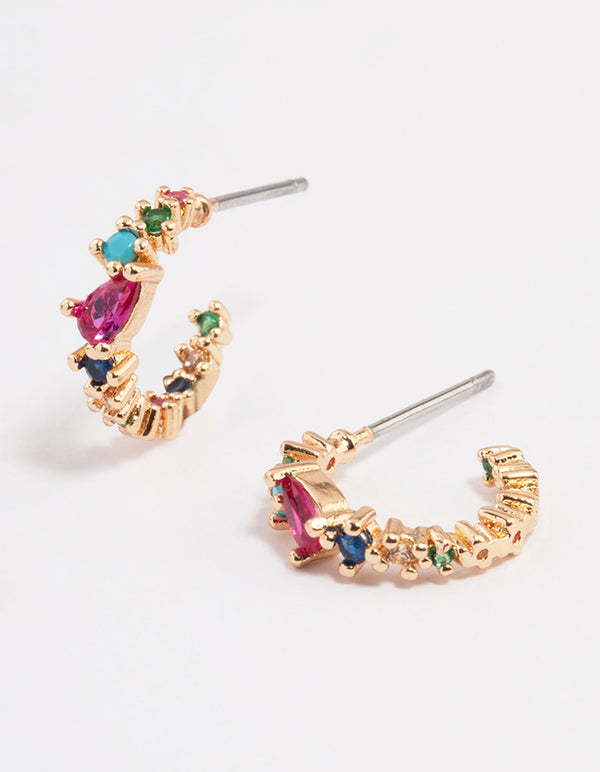 Gold Multi Rainbow Stone Hoop Earrings