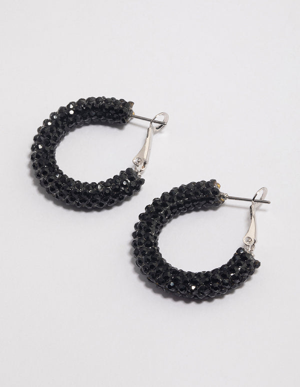 Coated Black Jet Crescent Hoop Earrings 20mm