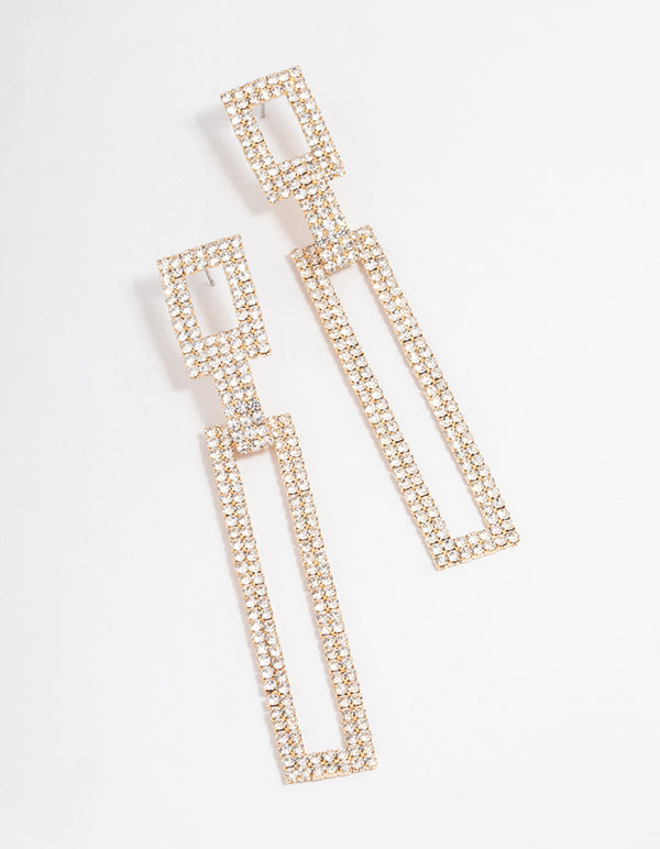 Gold Diamante Rectangle Drop Earrings