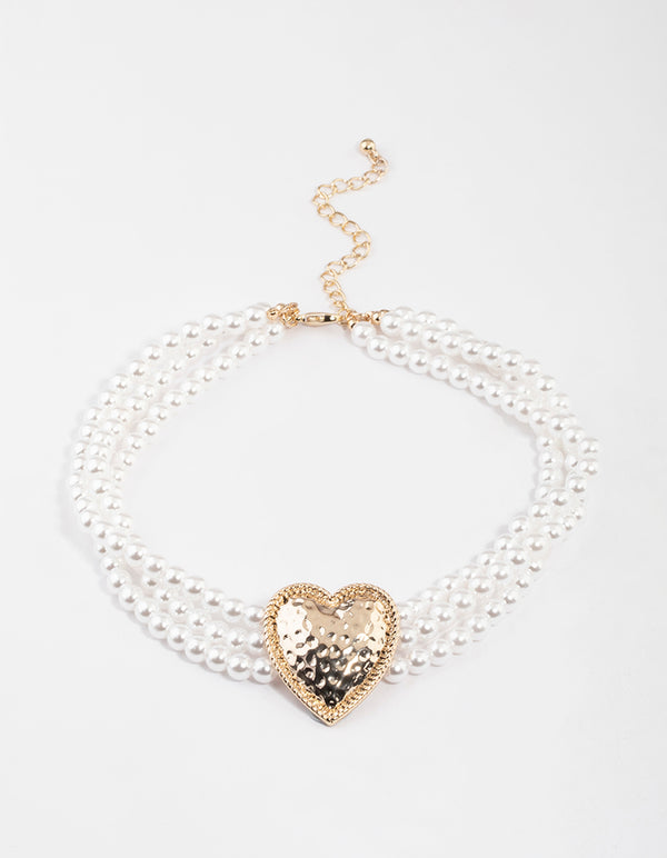 Gold Hammered Heart Pearl Choker