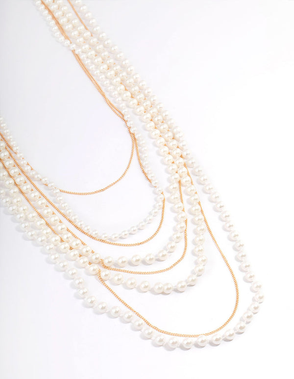 Gold Pearl Long Layered Necklace