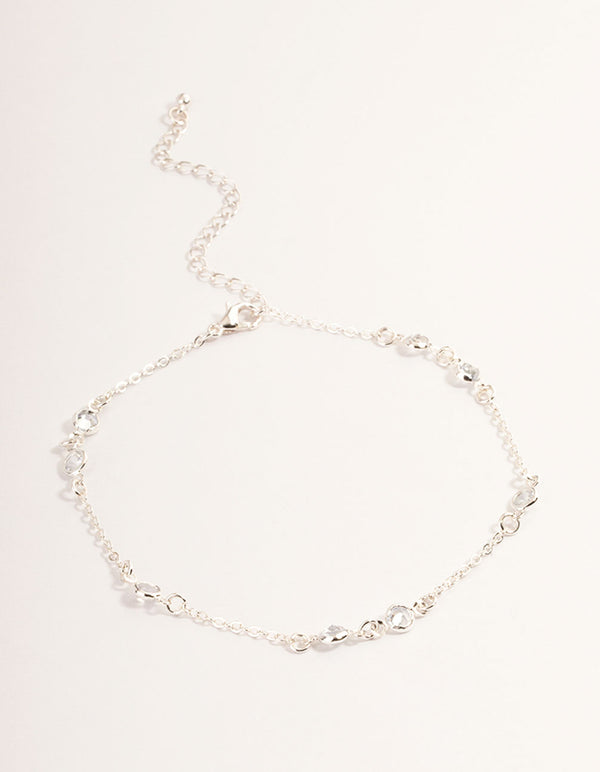 Silver Cubic Zirconia Station Anklet