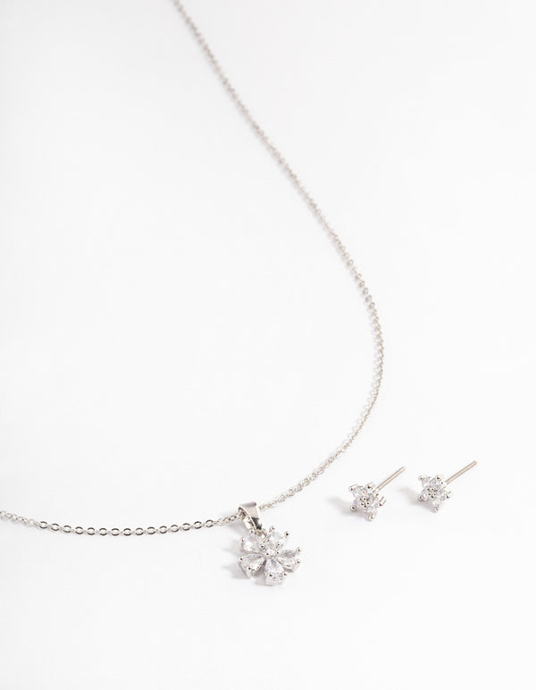 Rhodium Cubic Zirconia Flower Jewellery Set