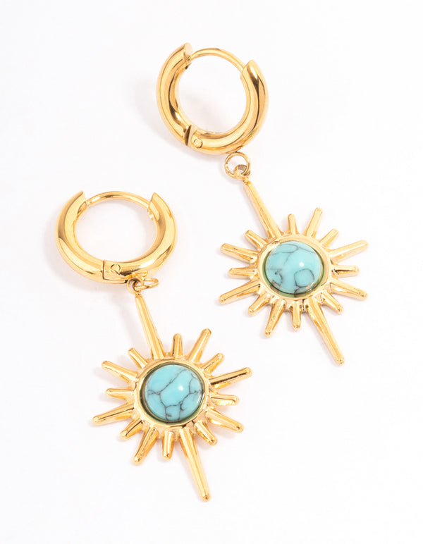 Waterproof Gold Plated Stainless Steel Semi Precious Turquoise Sunshine Huggie Hoops