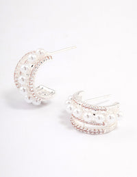 Silver Plated Cubic Zirconia Pearl Layered Small Hoop Earrings - link has visual effect only