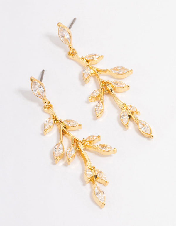 Gold Plated Cubic Zirconia Marquise Leaf Drop Earrings