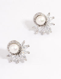 Silver Plated Cubic Zirconia Fan Pearl Stud Earrings - link has visual effect only