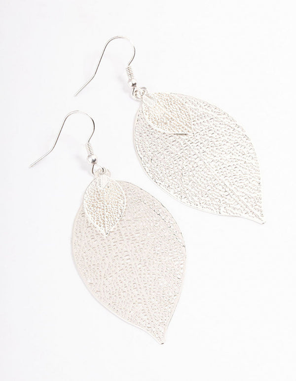 Silver Double Leaf Drop Earrings