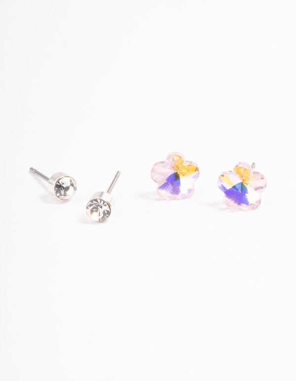 Silver Diamante & Flower Earrings Pack