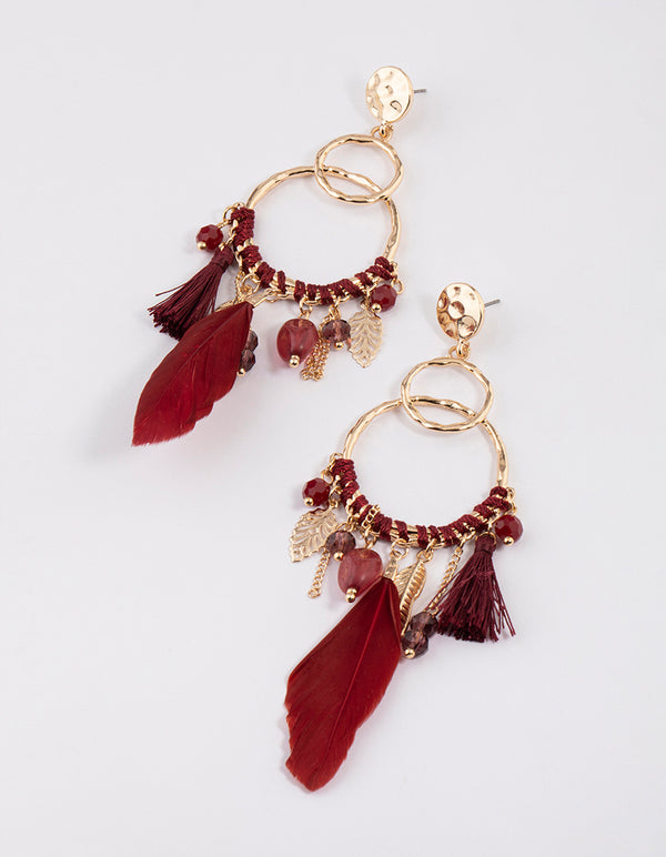 Gold Threaded Bead Feather Earrings