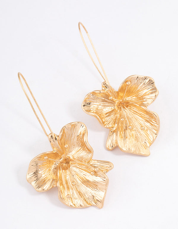 Worn Gold Organic Flower Drop Earrings