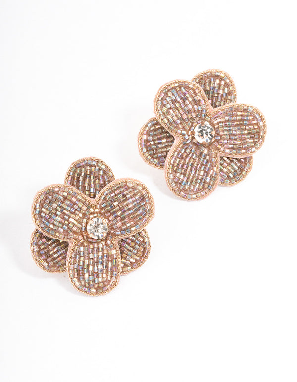 Gold Beaded Flower Stud Earrings