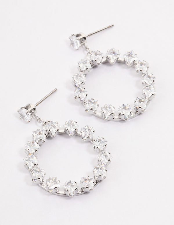 Rhodium Square Stone Wreath Drop Earrings