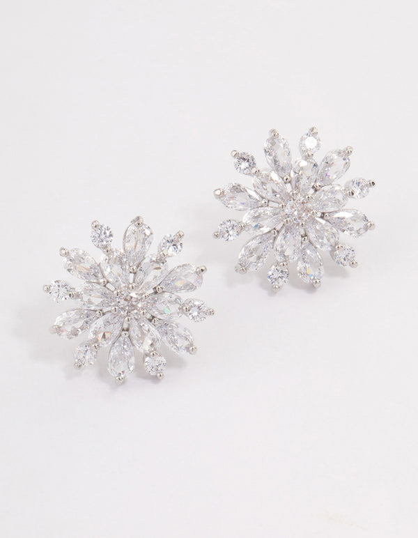 Rhodium Mid Flower Stud Earrings