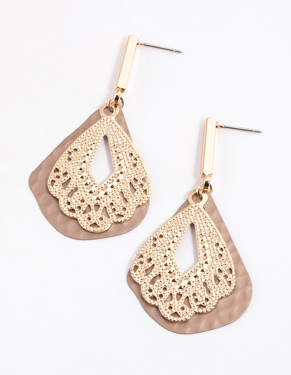 Brown Triangular Ornate Drop Earrings