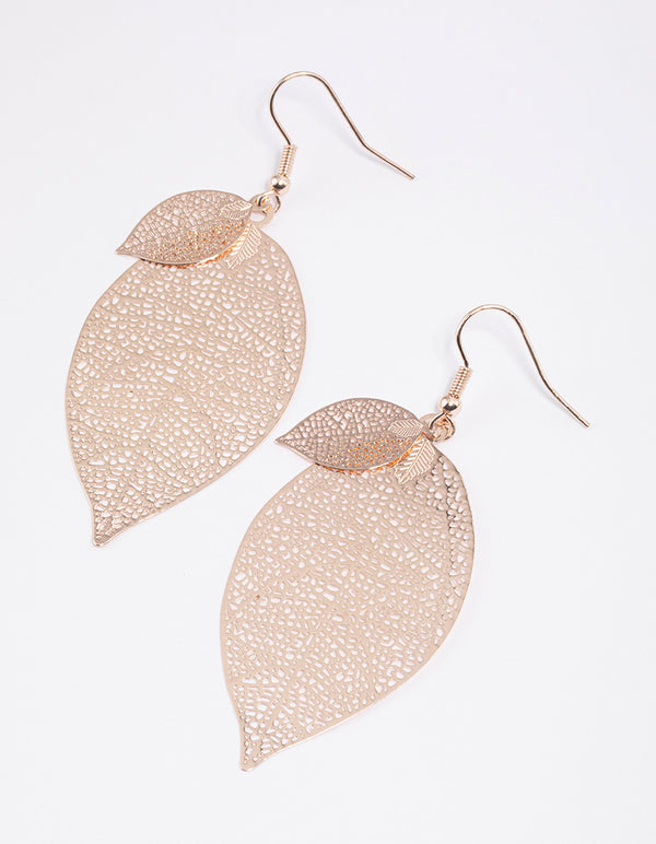 Rose Gold Double Leaf Drop Earrings