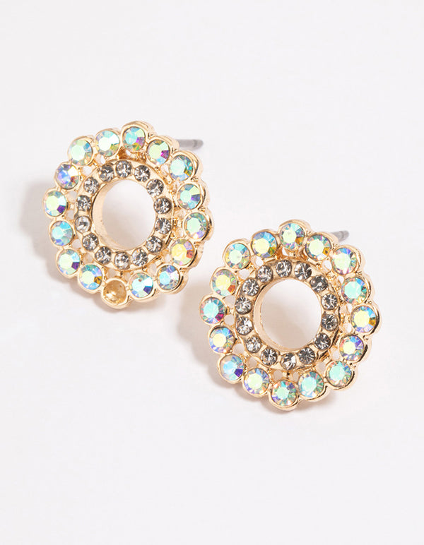 Gold Open Diamante Halo Stud Earrings